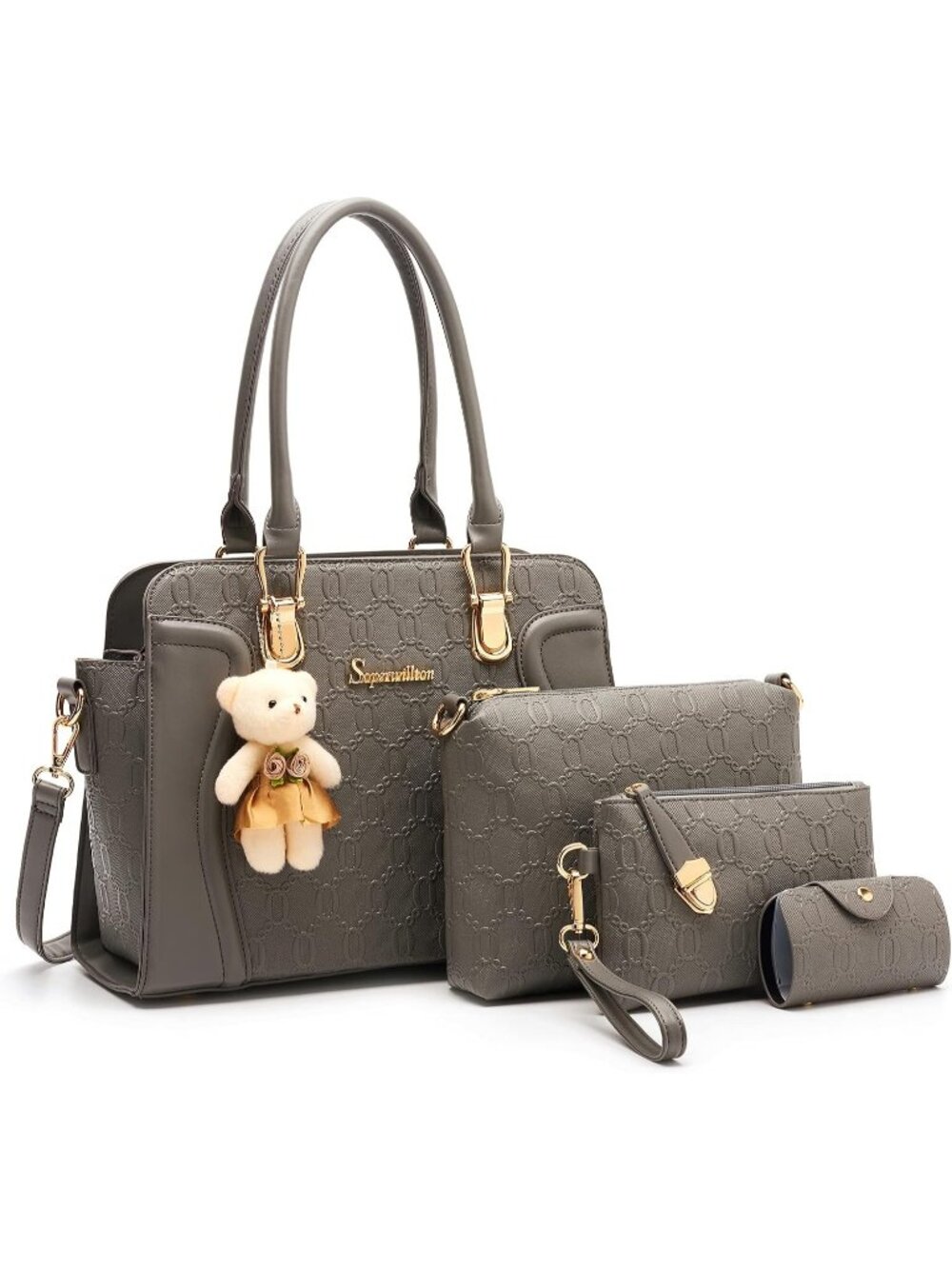 Women's Dark Grey 4Pc Handbag Set Tote Shoulder Satchel Purse with Bear Charm